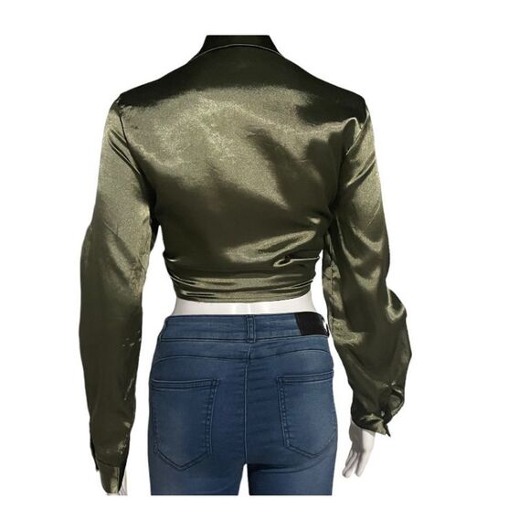 SHEIN Green Silk Like Wrap Blouse SZ S Shirt TOP Bishop Sleeves - Picture 5 of 6